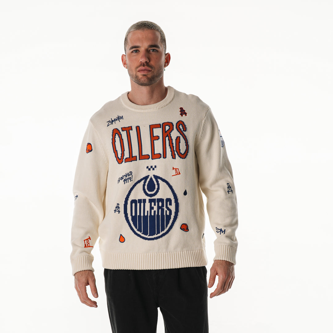 Edmonton Oilers Unisex The Wild Collective Jacquard All Over Cream Crewneck Sweater