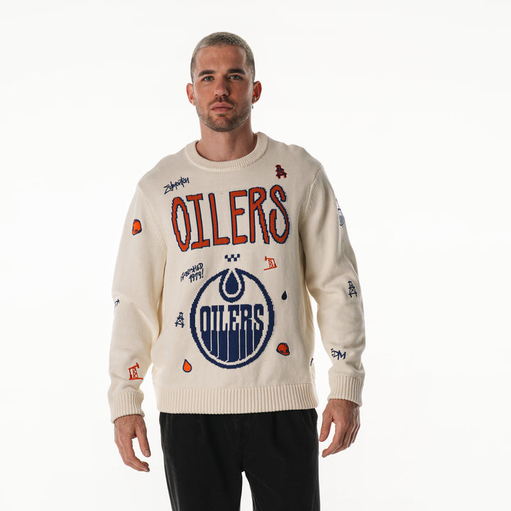 Edmonton Oilers Unisex The Wild Collective Jacquard All Over Cream Crewneck Sweater