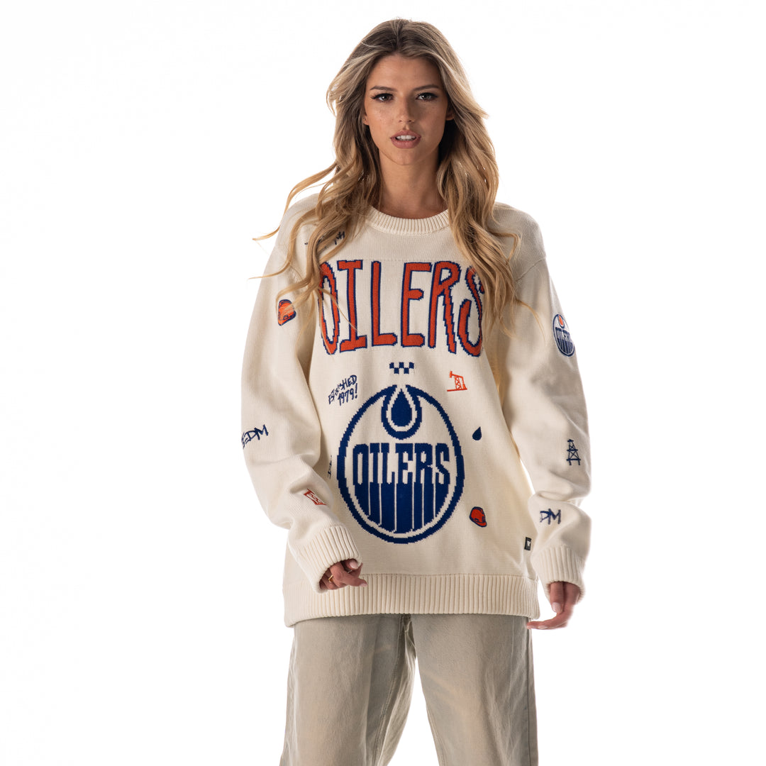 Edmonton Oilers Unisex The Wild Collective Jacquard All Over Cream Crewneck Sweater