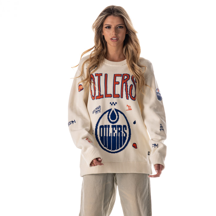 Edmonton Oilers Unisex The Wild Collective Jacquard All Over Cream Crewneck Sweater