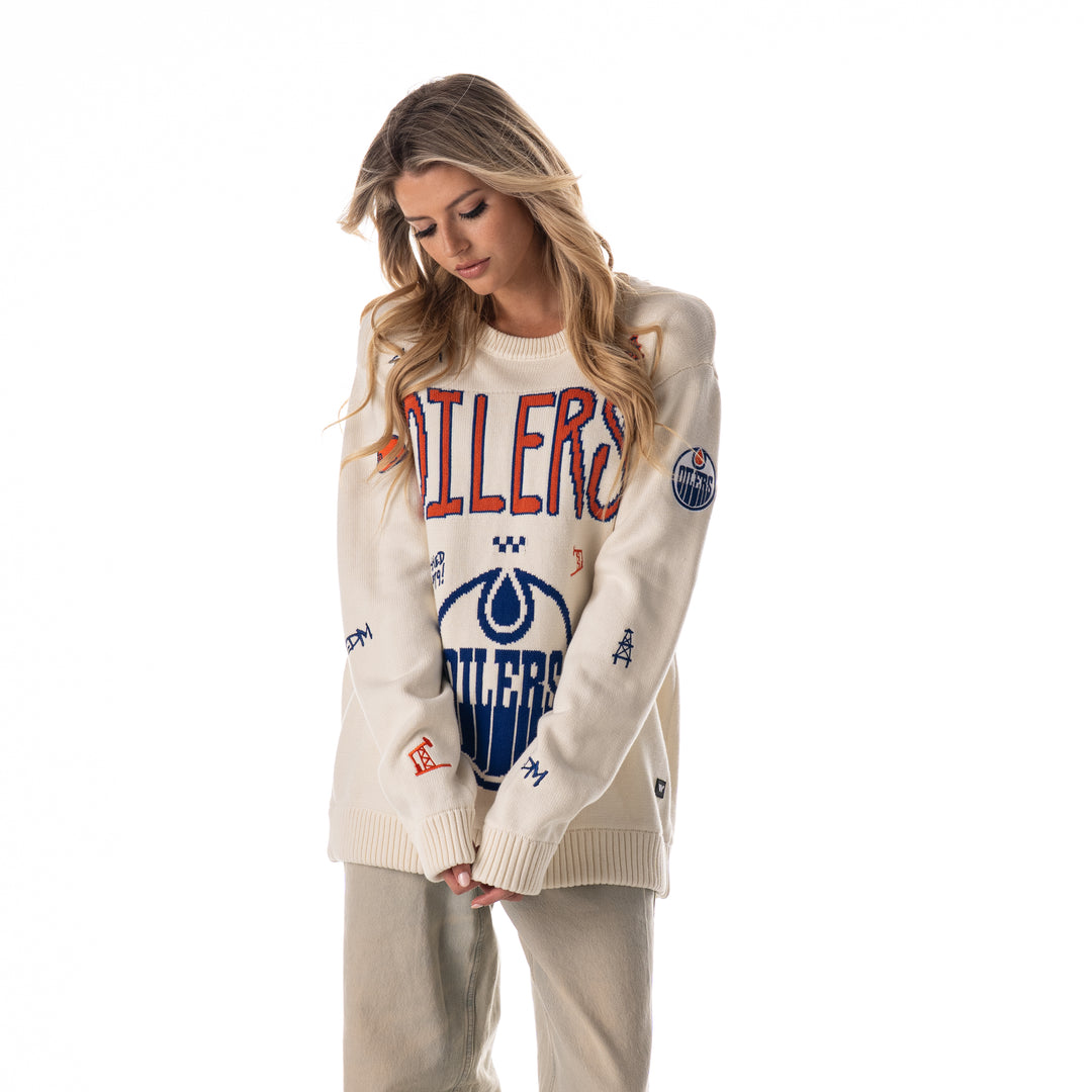 Edmonton Oilers Unisex The Wild Collective Jacquard All Over Cream Crewneck Sweater
