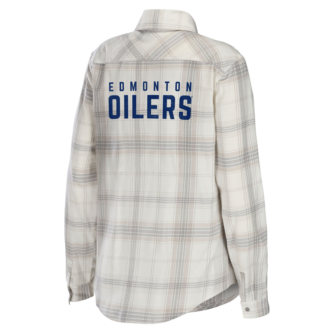 Edmonton Oilers Women's WEAR by Erin Andrews Cream Plaid Flannel Button Shirt