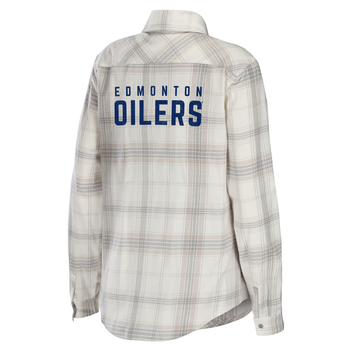 Edmonton Oilers Women's WEAR by Erin Andrews Cream Plaid Flannel Button Shirt