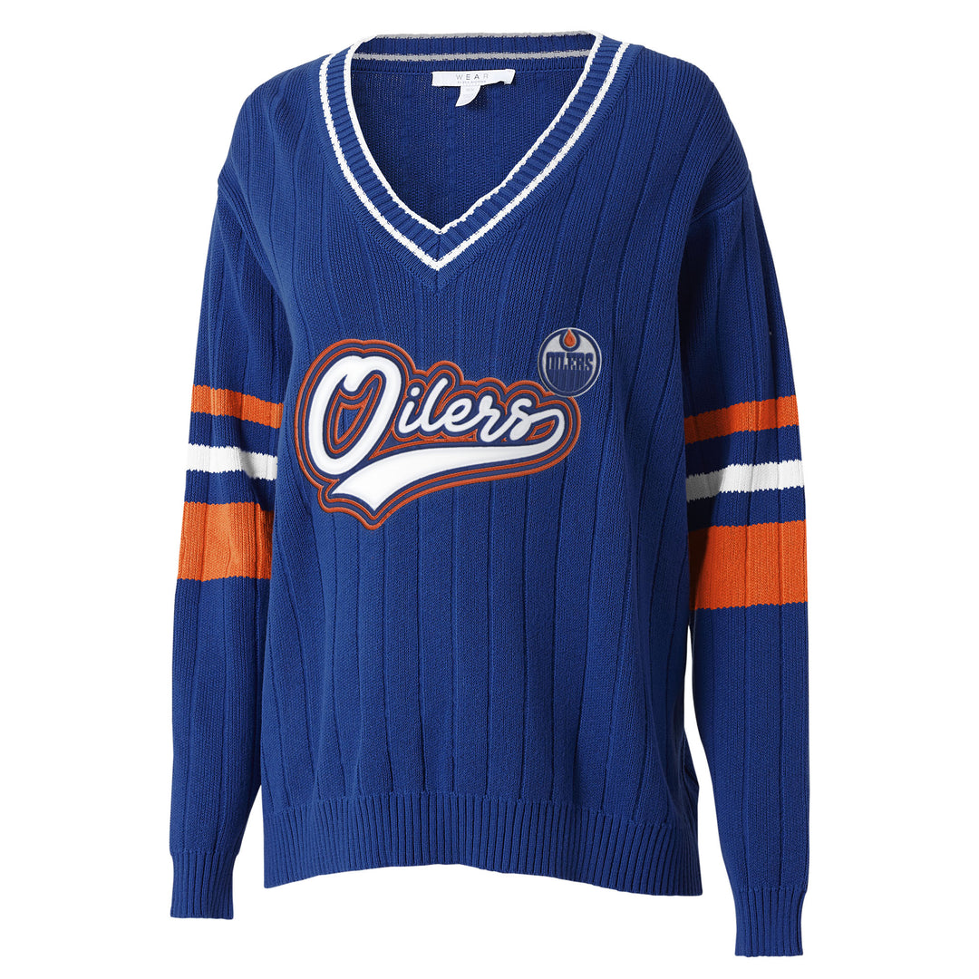 Edmonton Oilers Women's WEAR by Erin Andrews Blue V-Neck Sweater