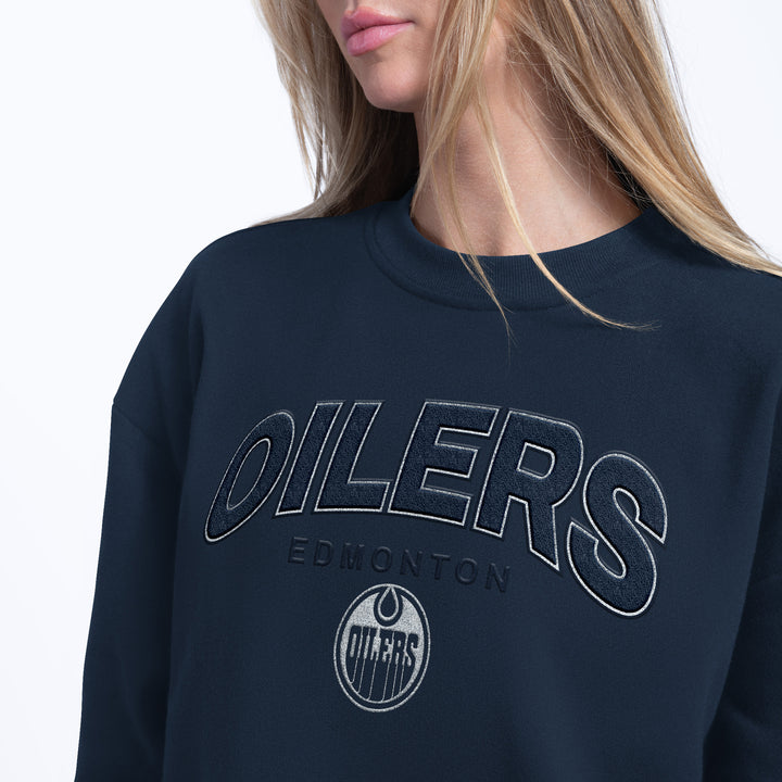 Edmonton Oilers Women's DKNY Oversized Cropped Logan Navy Crewneck Sweatshirt
