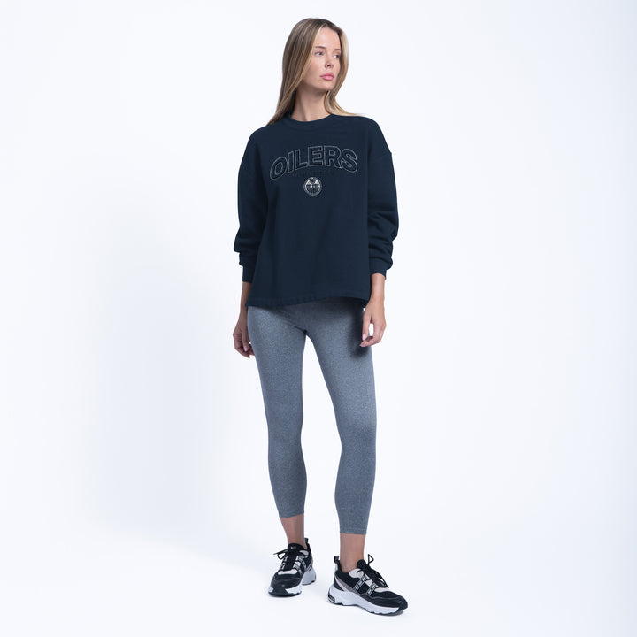 Edmonton Oilers Women's DKNY Oversized Cropped Logan Navy Crewneck Sweatshirt
