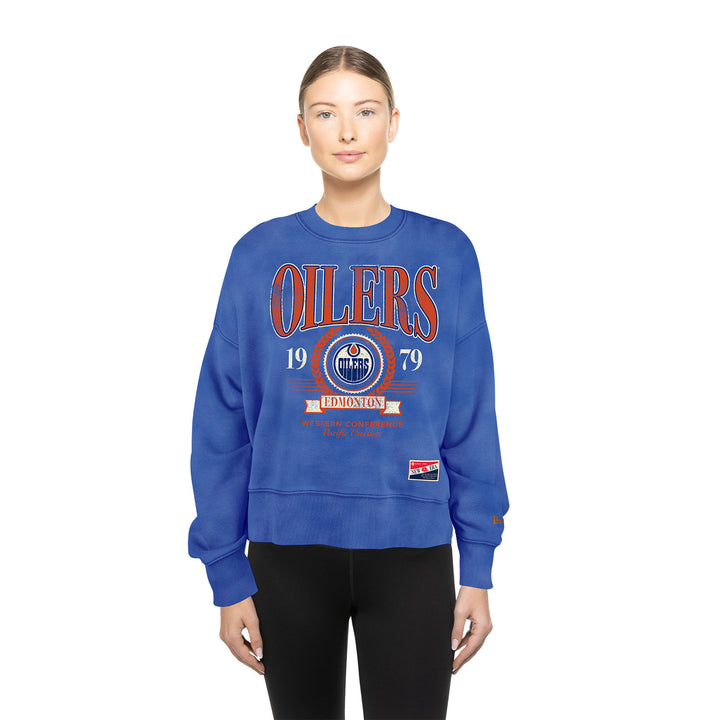 Edmonton Oilers Women's New Era 1933 Throwback Royal Crewneck Sweatshirt