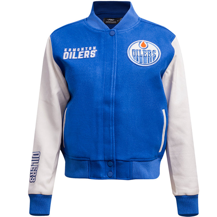 Edmonton Oilers Women's Pro Standard Blue & White Wool Varsity Jacket