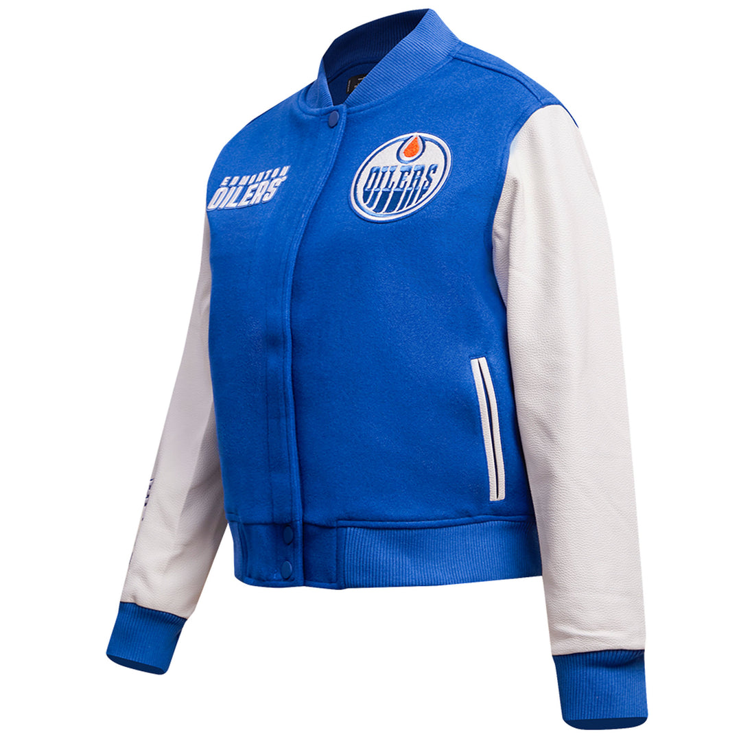 Edmonton Oilers Women's Pro Standard Blue & White Wool Varsity Jacket