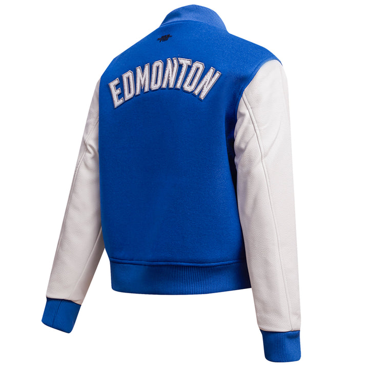 Edmonton Oilers Women's Pro Standard Blue & White Wool Varsity Jacket