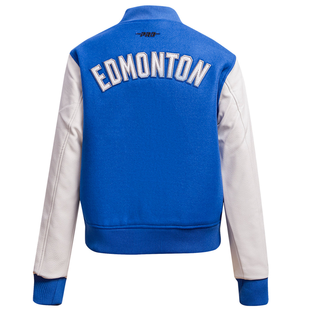 Edmonton Oilers Women's Pro Standard Blue & White Wool Varsity Jacket