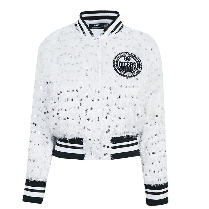 Edmonton Oilers Women's Pro Standard White Fringe Sequin Cropped Jacket