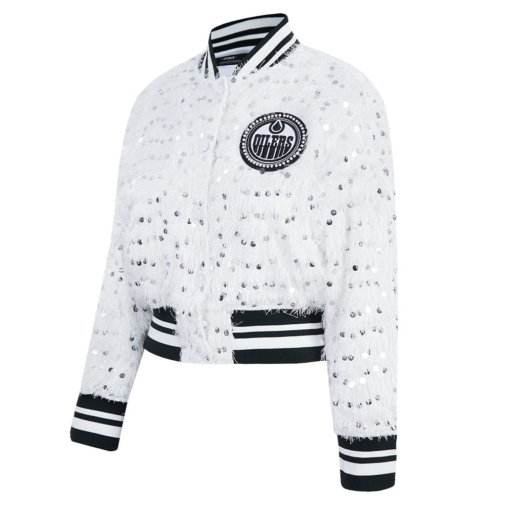 Edmonton Oilers Women's Pro Standard White Fringe Sequin Cropped Jacket
