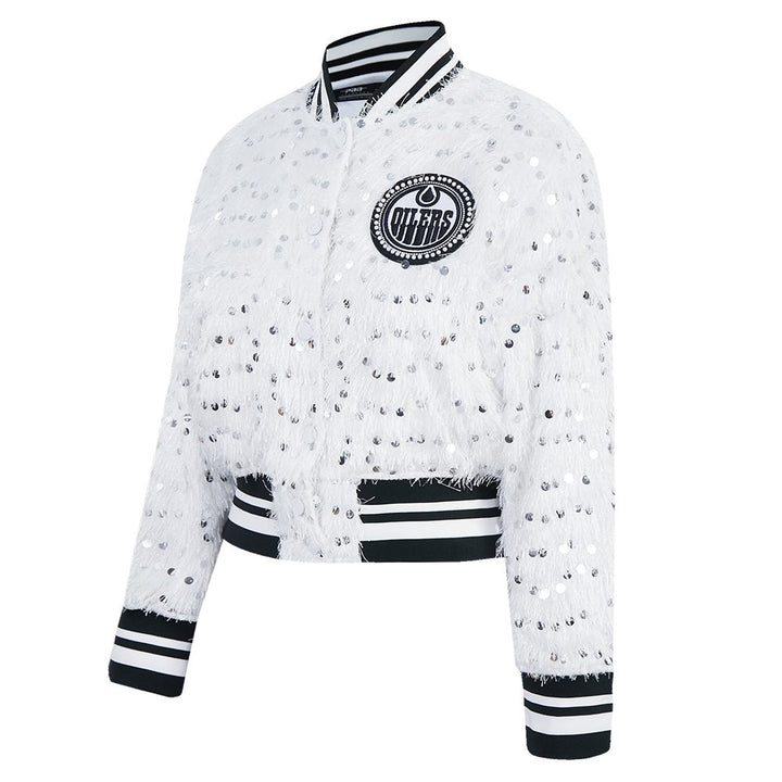 Edmonton Oilers Women's Pro Standard White Fringe Sequin Cropped Jacket