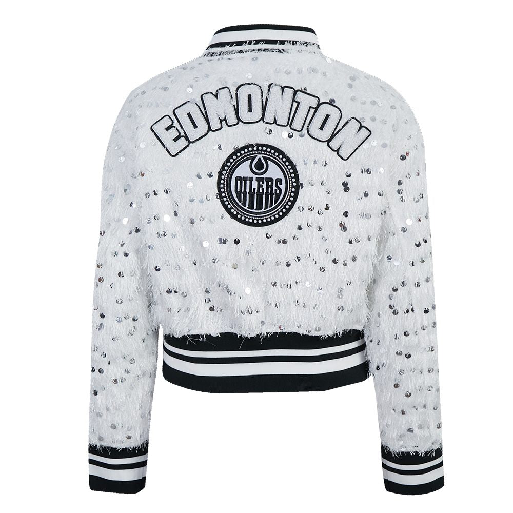 Edmonton Oilers Women's Pro Standard White Fringe Sequin Cropped Jacket