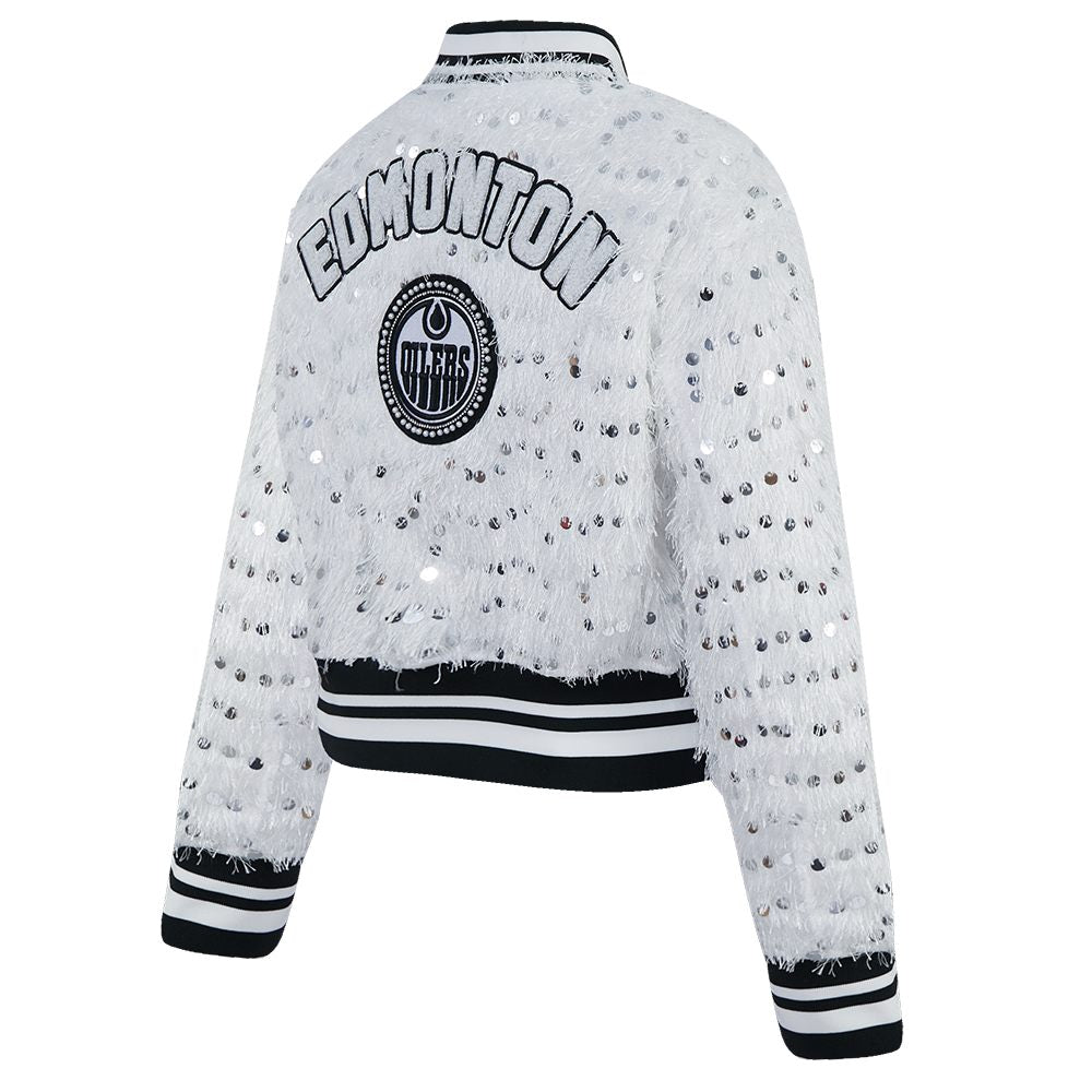 Edmonton Oilers Women's Pro Standard White Fringe Sequin Cropped Jacket