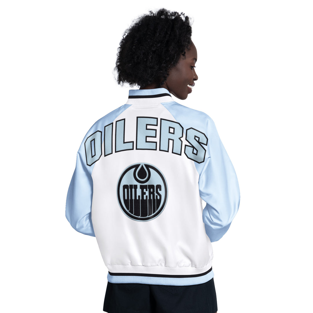 Edmonton Oilers Women's Starter Blue & Grey Blitz Full-Snap Satin Jacket