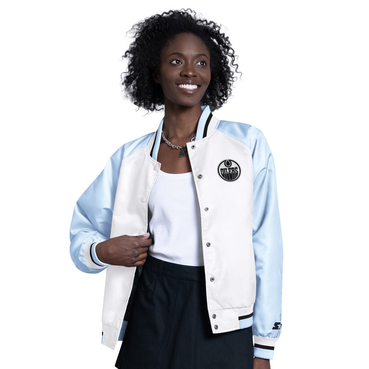 Edmonton Oilers Women's Starter Blue & Grey Blitz Full-Snap Satin Jacket
