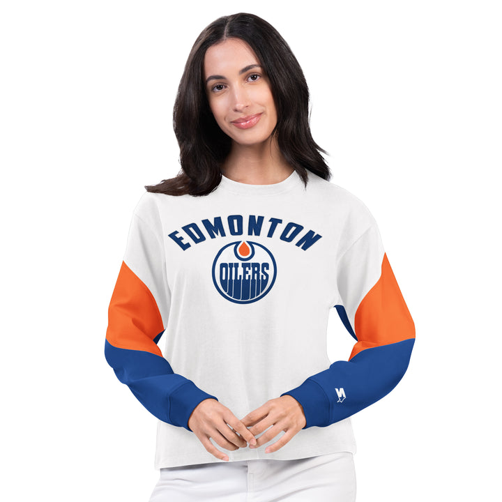 Edmonton Oilers Women's Starter White Ace Lightweight Crewneck Sweatshirt