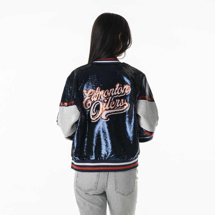 Edmonton Oilers Women's The Wild Collective Navy & Orange Sequin Jacket