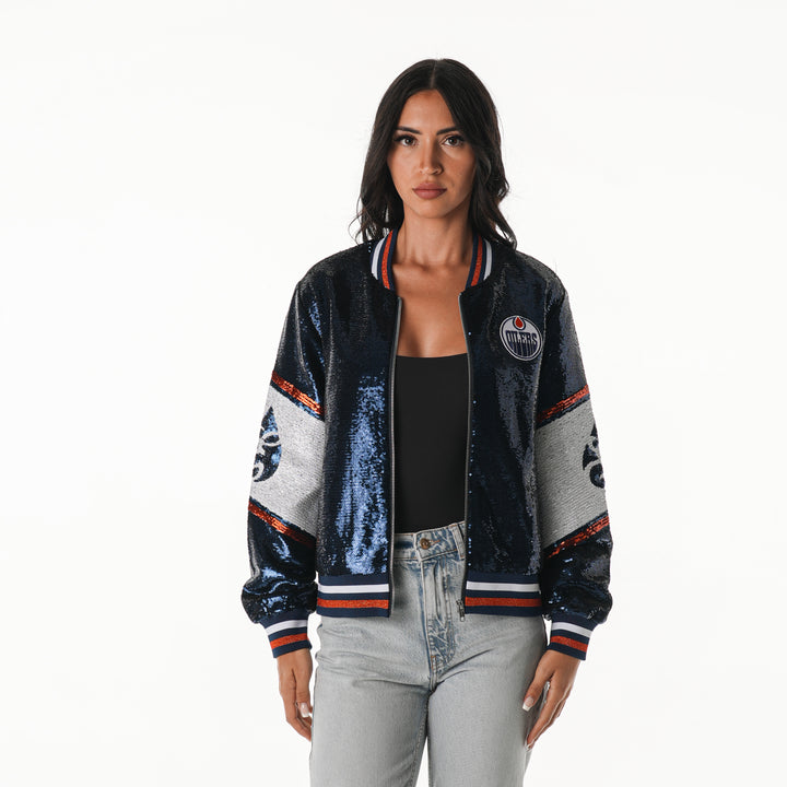 Edmonton Oilers Women's The Wild Collective Navy & Orange Sequin Jacket