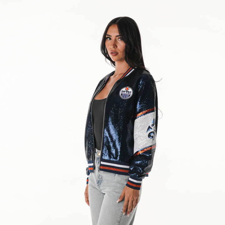 Edmonton Oilers Women's The Wild Collective Navy & Orange Sequin Jacket