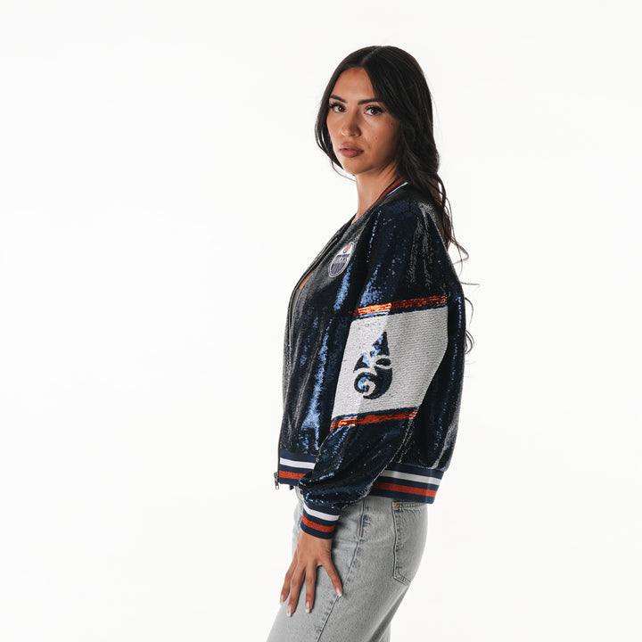 Edmonton Oilers Women's The Wild Collective Navy & Orange Sequin Jacket