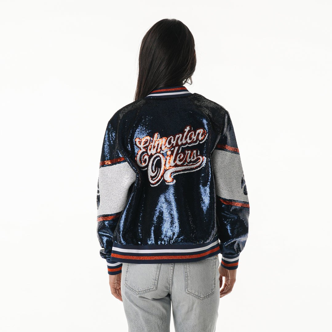Edmonton Oilers Women's The Wild Collective Navy & Orange Sequin Jacket