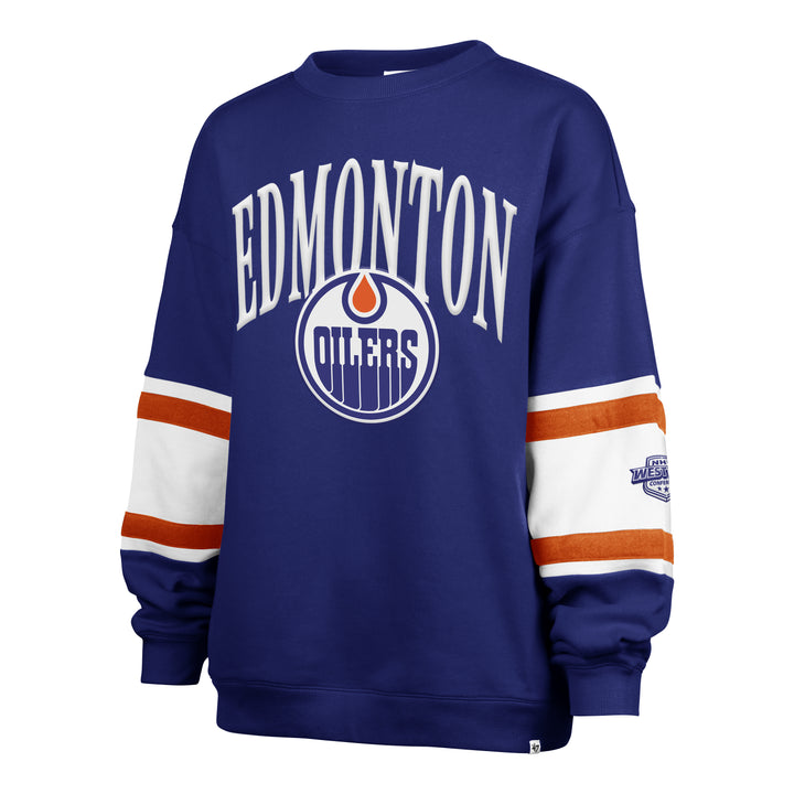 Edmonton Oilers Women's '47 Steadfast Paneled Sleeve Royal Crewneck Sweatshirt