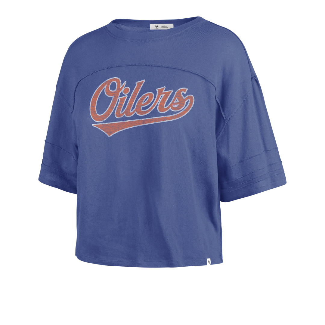 Edmonton Oilers Women's '47 Wordmark Stevie Cropped Blue T-Shirt