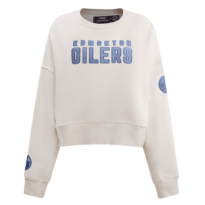 Edmonton Oilers Women's Pro Standard Varsity Blues Cream Crewneck Sweatshirt