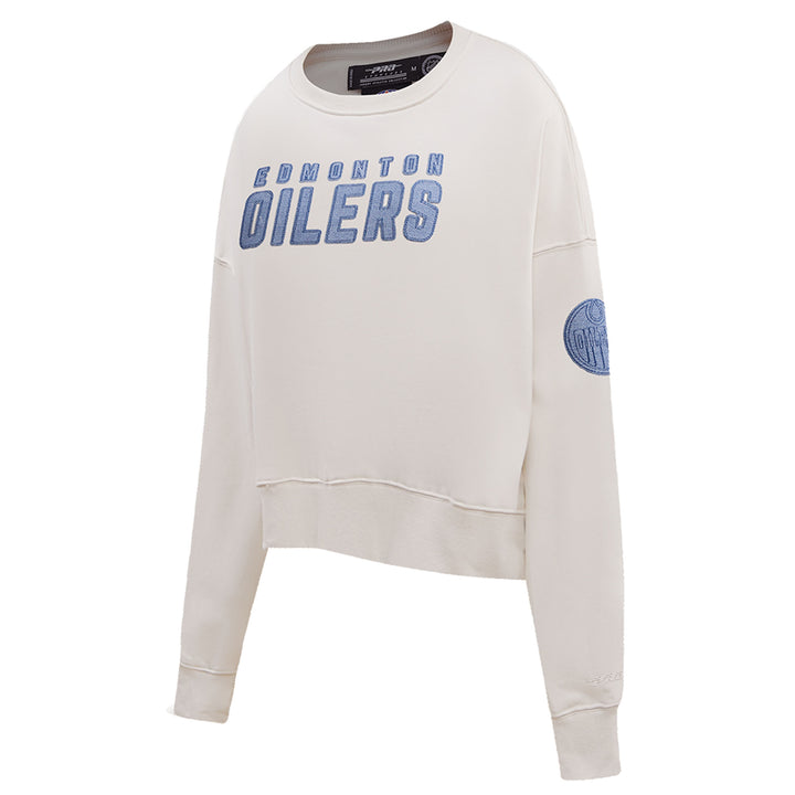 Edmonton Oilers Women's Pro Standard Varsity Blues Cream Crewneck Sweatshirt