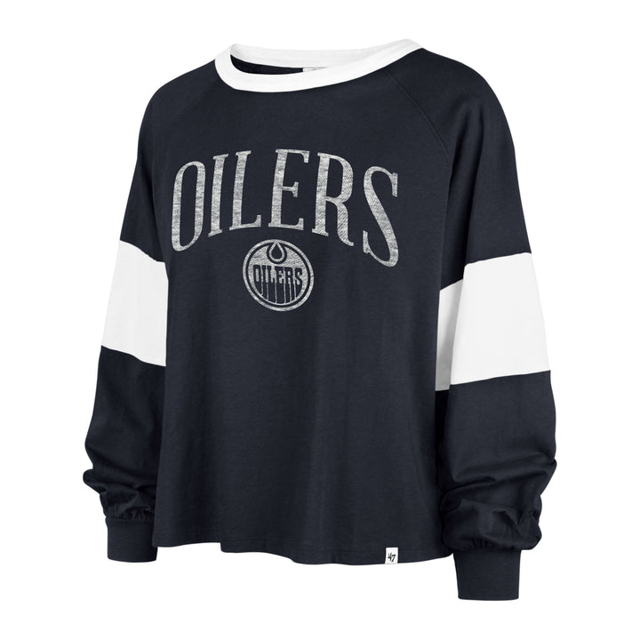 Edmonton Oilers Women's '47 Upside Rhea Navy & White Long Sleeve T-Shirt