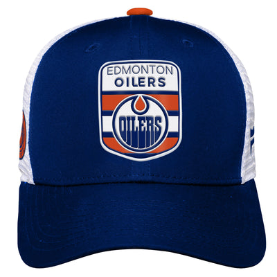 Edmonton Oilers Youth Outerstuff Blue & White 2023 NHL Draft Pro On Stage Snapback Trucker Hat