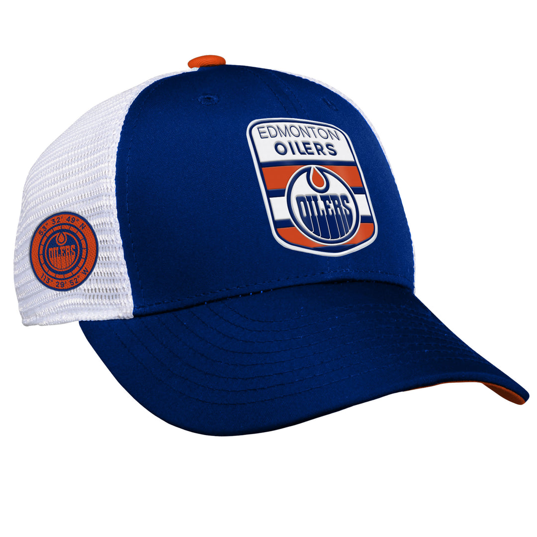 Edmonton Oilers Youth Outerstuff Blue & White 2023 NHL Draft Pro On Stage Snapback Trucker Hat