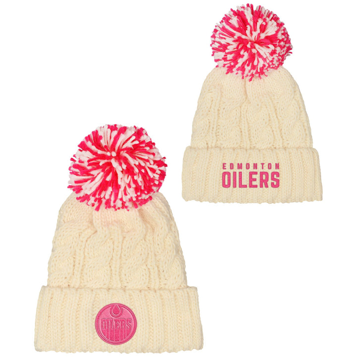 Edmonton Oilers Youth Girls Outerstuff Cream Cable Knit Toque W/Pom
