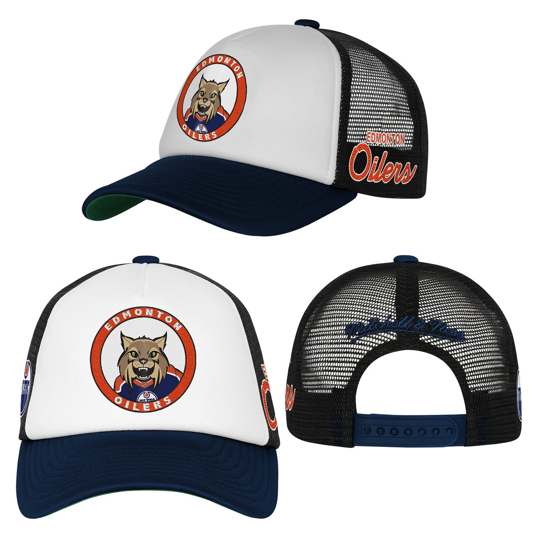Edmonton Oilers Youth Mitchell & Ness Blue & White Hunter Foam Mesh Trucker Snapback Hat