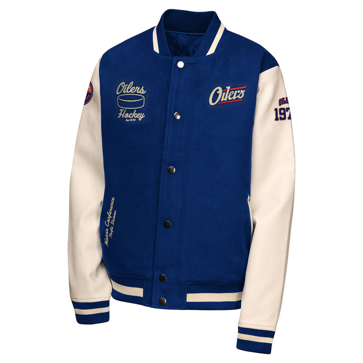 Edmonton Oilers Youth Outerstuff Alternate Logo Team Hug Blue & White Varsity Jacket