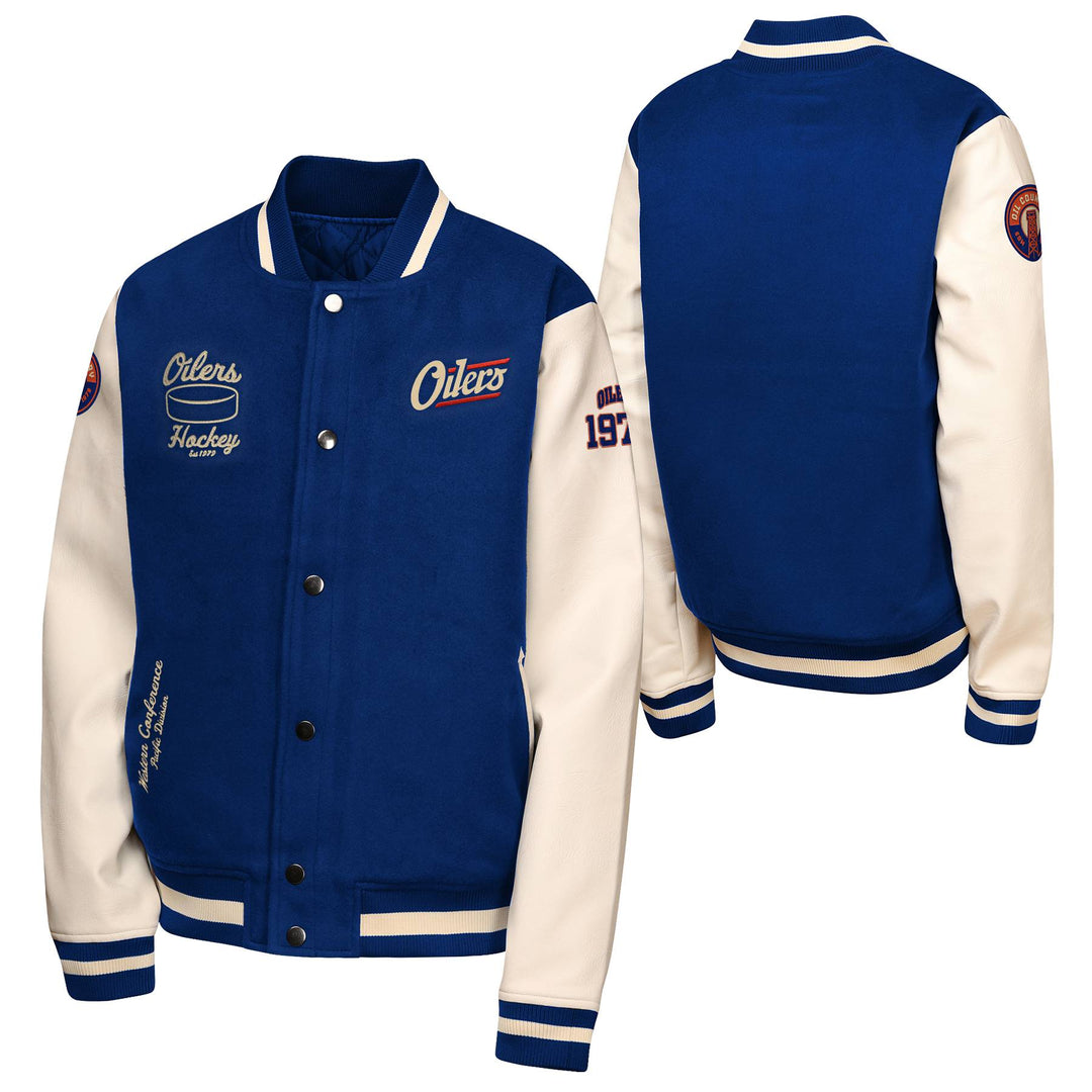 Edmonton Oilers Youth Outerstuff Alternate Logo Team Hug Blue & White Varsity Jacket