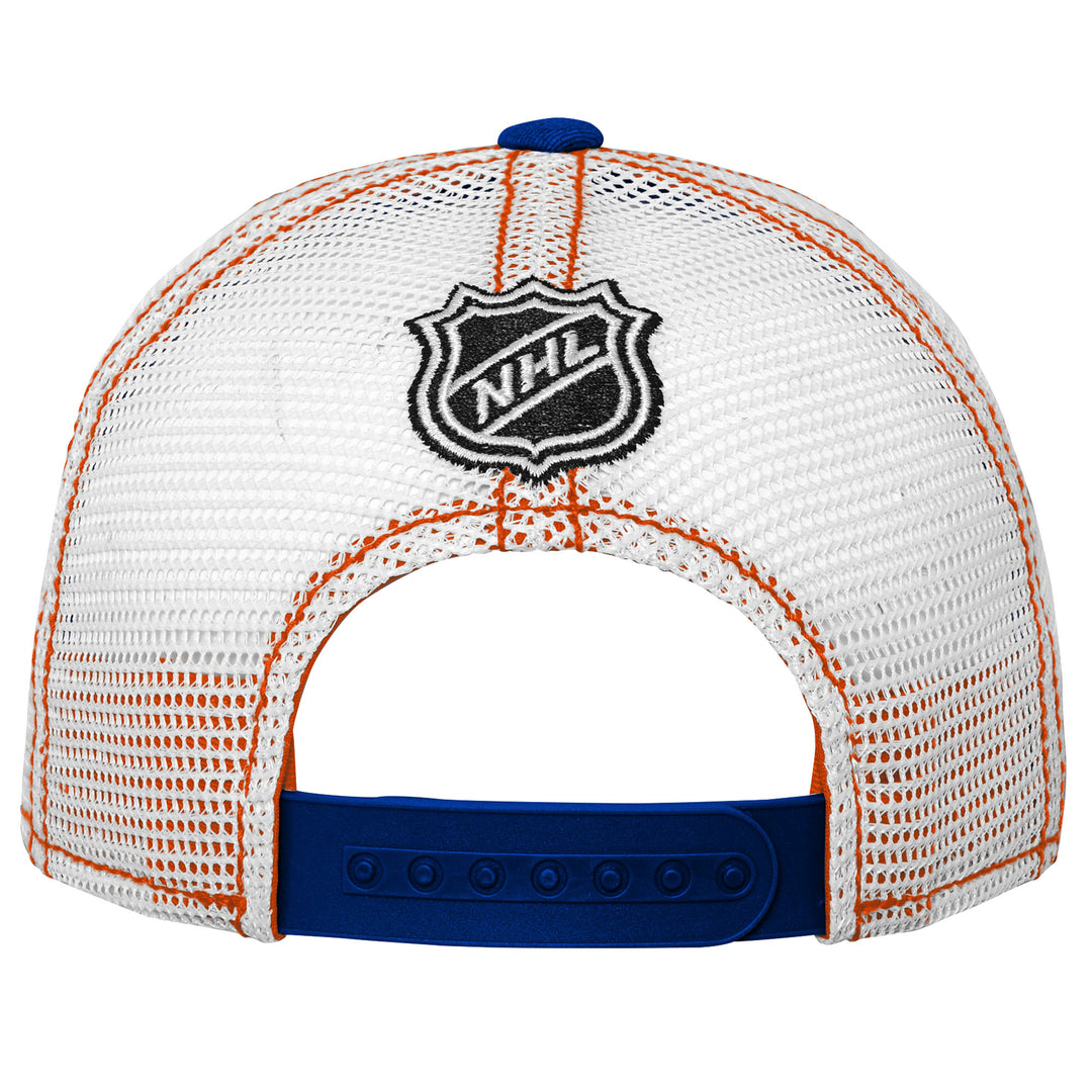 Edmonton Oilers Youth Outerstuff Blue & White Lockup Trucker Snapback Hat
