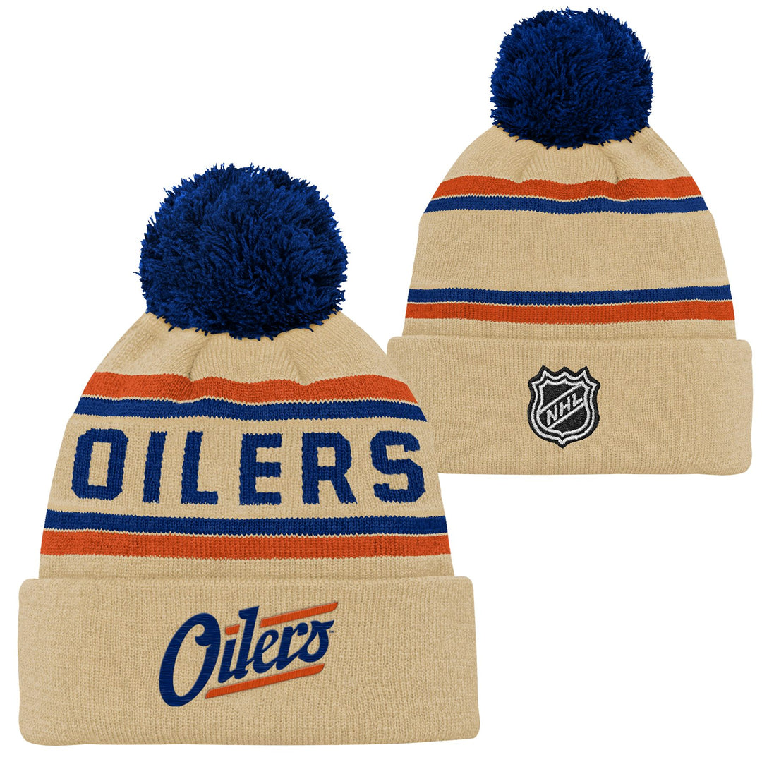 Edmonton Oilers Youth Outerstuff Cream Alternate Jacquard Cuffed Knit Toque W/Pom