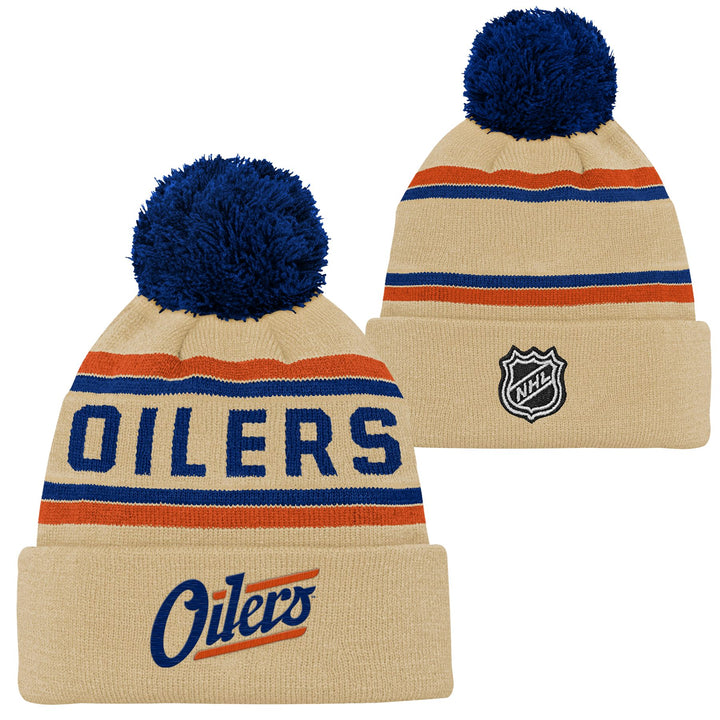 Edmonton Oilers Youth Outerstuff Cream Alternate Jacquard Cuffed Knit Toque W/Pom