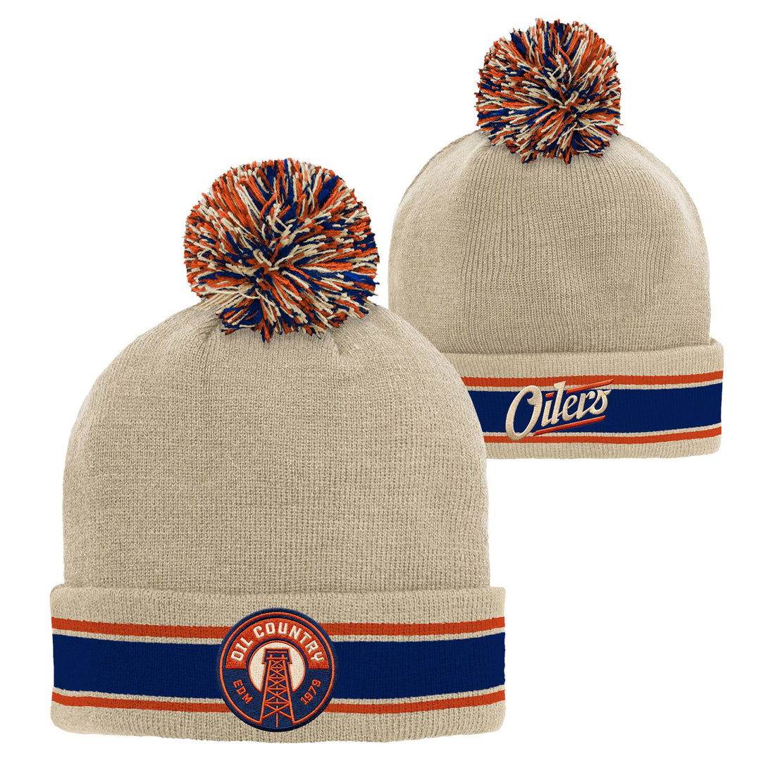 Edmonton Oilers Youth Outerstuff Cream Alternate & Secondary Logo Striped Toque w/Pom