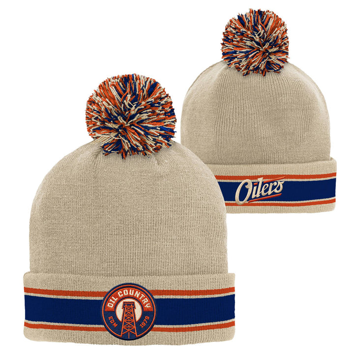 Edmonton Oilers Youth Outerstuff Cream Alternate & Secondary Logo Striped Toque w/Pom