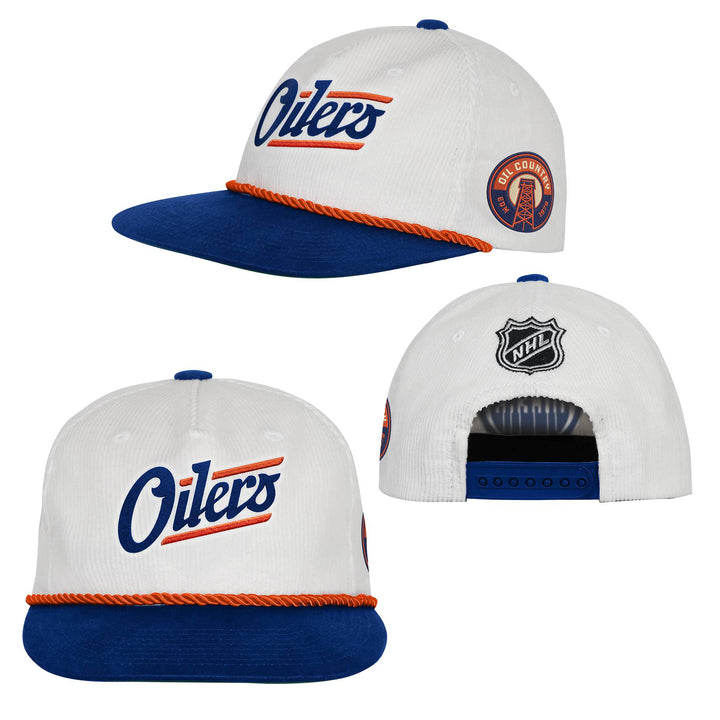 Edmonton Oilers Youth Outerstuff Cream & Blue Alternate Logo Rope Corduroy Snapback Hat