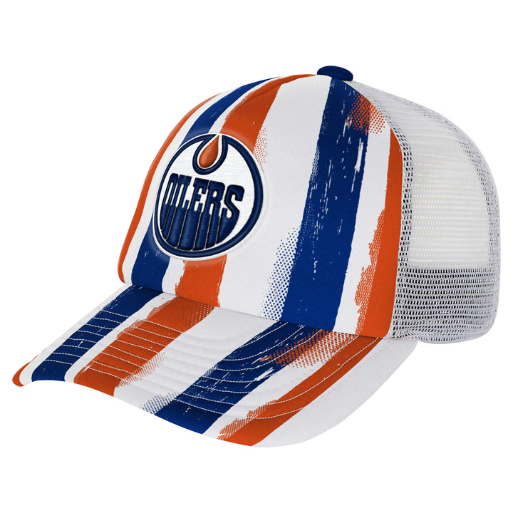 Edmonton Oilers Youth Outerstuff Striped High Stepping Foam Trucker Snapback Hat