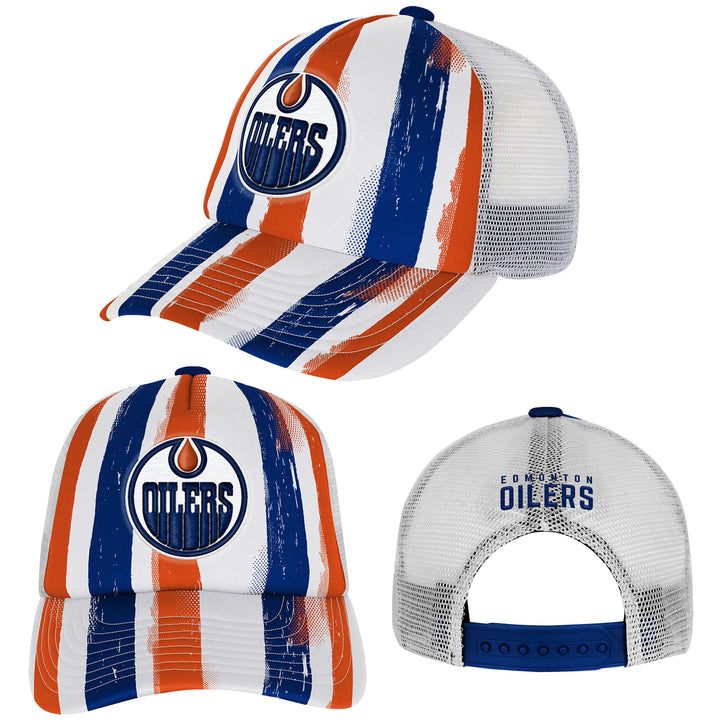 Edmonton Oilers Youth Outerstuff Striped High Stepping Foam Trucker Snapback Hat