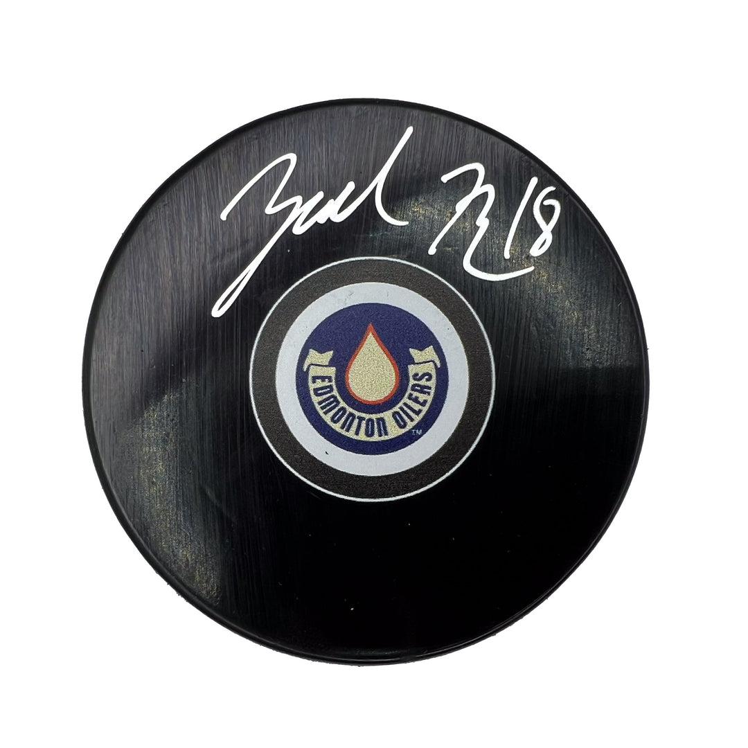 Zach Hyman Edmonton Oilers Signed Heritage Classic Team Logo Puck