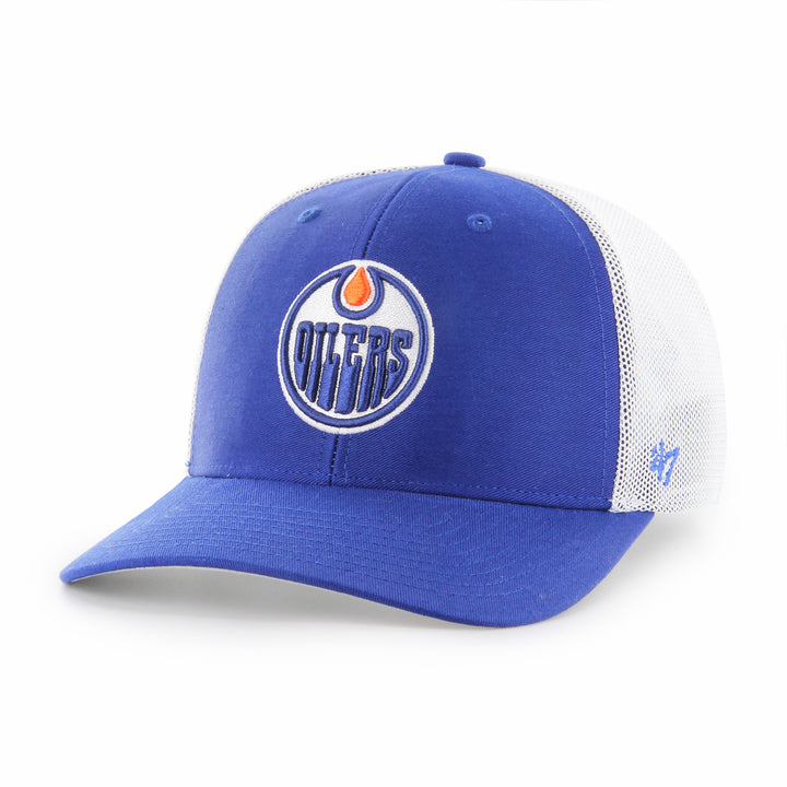 Edmonton Oilers '47 Royal & White Trophy Flex Mesh Trucker Hat