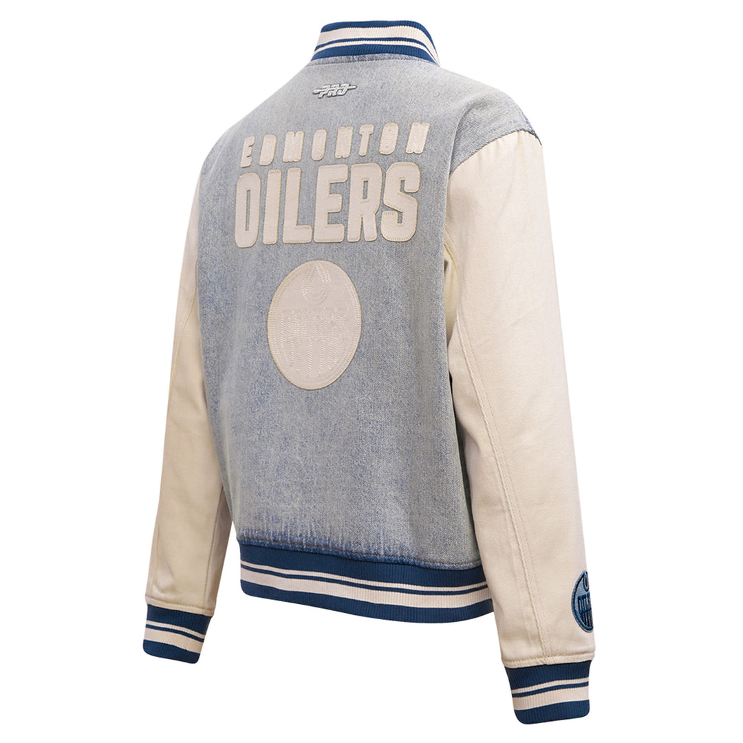 Edmonton Oilers Women's Pro Standard Blue & Cream Varsity Blues Denim Jacket